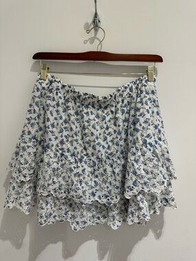 White & Blue Floral Eyelet Ruffle Mini Skirt